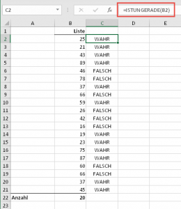 Zum Vergrößern bitte auf das Bild klicken Variante 1: Die Funktion ISTUNGERADE