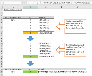 Zum Vergrößern bitte auf das Bild klicken Beispiel 1: Quersumme mit Array-Formel