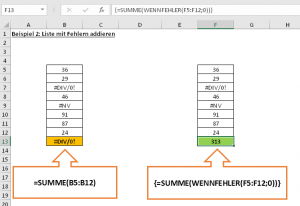 Zum Vergrößern bitte auf das Bild klicken Beispiel 2: Summe über Fehlerliste per Array-Formel