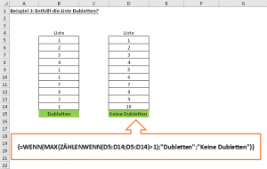 Zum Vergrößern bitte auf das Bild klicken Beispiel 3: Dublettensuche mit MODALWERT und Array-Formel