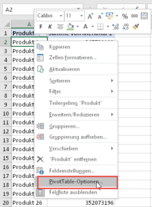 Zum Vergrößern bitte auf das Bild klicken PivotTable-Optionen aufrufen