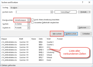 Zum Vergrößern bitte Bild anklicken Die Liste aller verbundenen Zellen