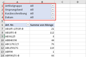 Zum Vergrößern bitte Bild anklicken Die übliche Anordnung der Berichtsfilter