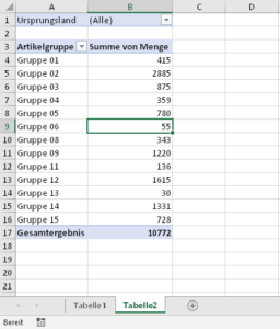 Zum Vergrößern bitte Bild anklicken Einfache Pivot-Tabelle mit einem Berichtsfilter