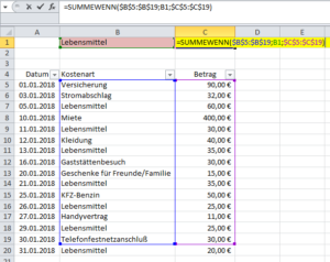 Zum Vergrößern bitte auf das Bild klicken SUMMEWENN muss manuell angepasst werden