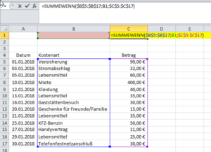 Zum Vergrößern bitte auf das Bild klicken SUMMEWENN auf einen Zellbereich