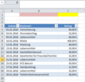 Zum Vergrößern bitte auf das Bild klicken Aus der Liste wurde eine Tabelle