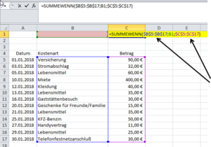Zum Vergrößern bitte auf das Bild klicken SUMMEWENN in einer Liste
