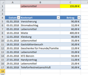 Zum Vergrößern bitte auf das Bild klicken Summe nach Kostenart