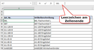 Zum Vergrößern bitte Bild anklicken Zelle enthält Leerzeichen am Ende