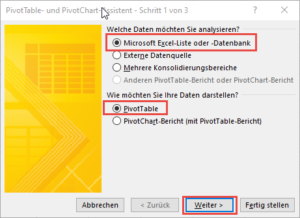 Zum Vergrößern bitte auf das Bild klicken PivotTable-Assistent: Schritt 1 von 3