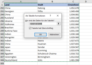 Zum Vergrößern bitte auf das Bild klicken Der Datenbereich wird automatisch erkannt