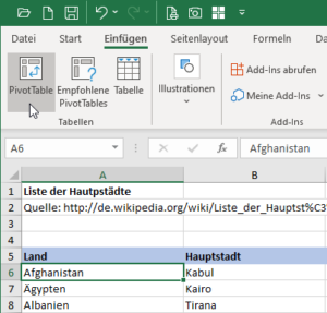 Zum Vergrößern bitte auf das Bild klicken Einfügen der Pivot-Tabelle