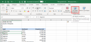 Zum Vergrößern bitte auf das Bild klicken Die Länderliste wird als Tabelle formatiert