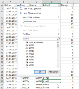 Zum Vergrößern bitte Bild anklicken Arbeit mit dem Autofilter