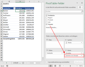 Zum Vergrößern bitte auf das Bild klicken Umsatz-Feld kommt zweimal in den Wertebereich