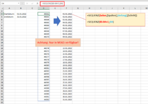 Zum Vergrößern bitte Bild anklicken Datumsreihe nur mit Hilfe der SEQUENZ-Funktion