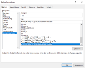 Das Zahlenformat für Text enthält den Hinweis