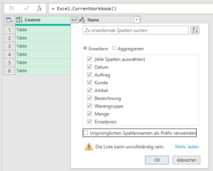 Zum Vergrößern bitte auf das Bild klicken Alle Spalten werden übernommen