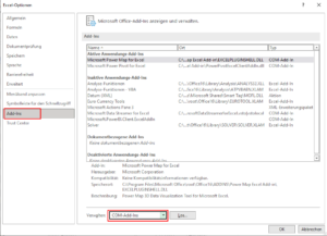 Zum Vergrößern bitte auf das Bild klicken Excel-Optionen und COM-Add-Ins