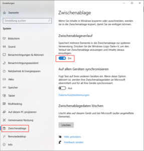 Zum Vergrößern bitte Bild anklicken Zwischenablagenverlauf einschalten