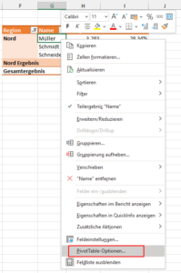 Zum Vergrößern bitte auf das Bild klicken PivotTable-Optionen aufrufen