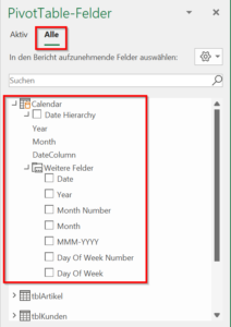 Zum Vergrößern bitte auf das Bild klicken Datumstabelle in den PivotTable-Feldern