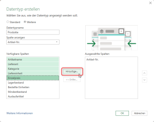 Zum Vergrößern bitte auf das Bild klicken Benötigte Spalten auswählen