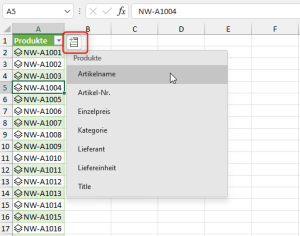 Zum Vergrößern bitte auf das Bild klicken Die Liste aller enthaltenen Felder