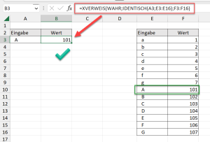 Zum Vergrößern bitte auf das Bild klicken Korrekte Lösung mit XVERWEIS und IDENTISCH