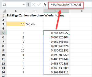 Zum Vergrößern bitte auf das Bild klicken ZUFALLSMATRIX liefert Zufallszahlen für die Sortierung