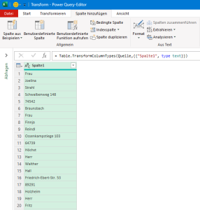 Zum Vergrößern bitte auf das Bild klicken Die einspaltige Liste in Power Query