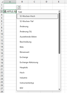 Zum Vergrößern bitte auf das Bild klicken Die gewünschten Felder können aus einer Liste ausgewählt werden