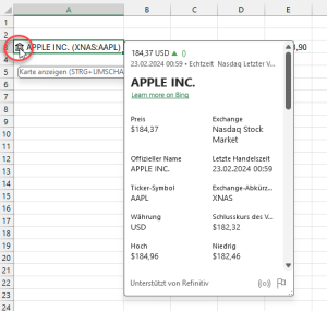 Zum Vergrößern bitte auf das Bild klicken Optional: Anzeige einer Datenkarte mit allen Infos