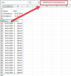 Zum Vergrößern bitte auf das Bild klicken Die M365-Funktion BÖRSENHISTORIE