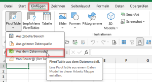 Zum Vergrößern bitte auf das Bild klicken Eine Pivot-Tabelle aus dem Datenmodell erstellen