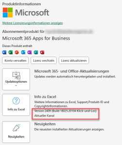 Zum Vergrößern bitte auf das Bild klicken Excel-Version + Updatekanal