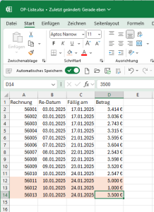 OP-Liste wird um weitere Rechnungen ergänzt