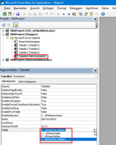 Im VBA-Editor: Sehr versteckte Blätter einblenden