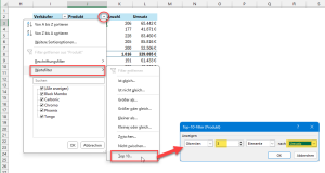 Zum Vergrößern bitte auf das Bild klicken Der Wertefilter im Zeilenfeld bringt die Lösung