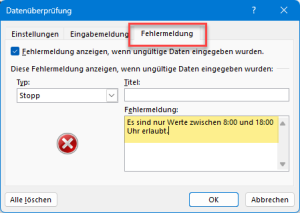 Zum Vergrößern bitte auf das Bild klicken Fehlermeldung für falsche Eingaben