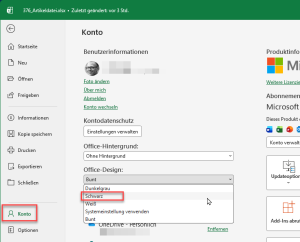 Konto-Einstellungen: Das Office-Design auf schwarz setzen