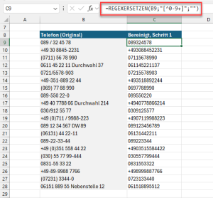 Schritt 1 entfernt alles außer Ziffern und einem Pluszeichen