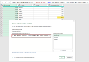 Zum Vergrößern bitte auf das Bild klicken Längenvergleich in Power Query
