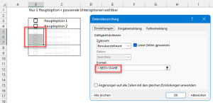 Datenüberprüfung für die Unteroptionen 1