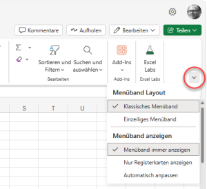 Zum Vergrößern bitte auf das Bild klicken Das Menüband ausklappen