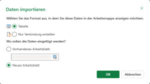 Zum Vergrößern bitte auf das Bild klicken Als Ladeziel gibt es nur Tabelle oder Verbindung