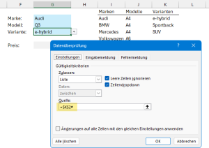Zum Vergrößern bitte auf das Bild klicken Datenprüfung für die Varianten