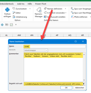 Zum Vergrößern bitte auf das Bild klicken Die Lambda-Funktion wird in den Namensmanager gepackt
