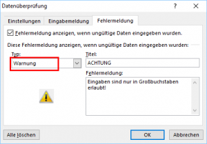 Zum Vergrößern bitte auf das Bild klicken Statt Fehler nur eine Warnung